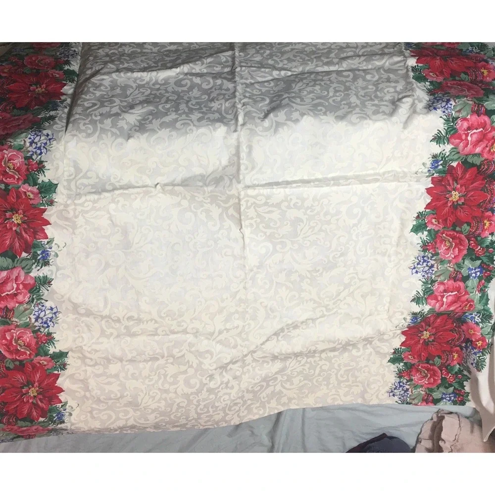 Vintage Christmas Poinsettia Border Rectangle Tablecloth 1995 80